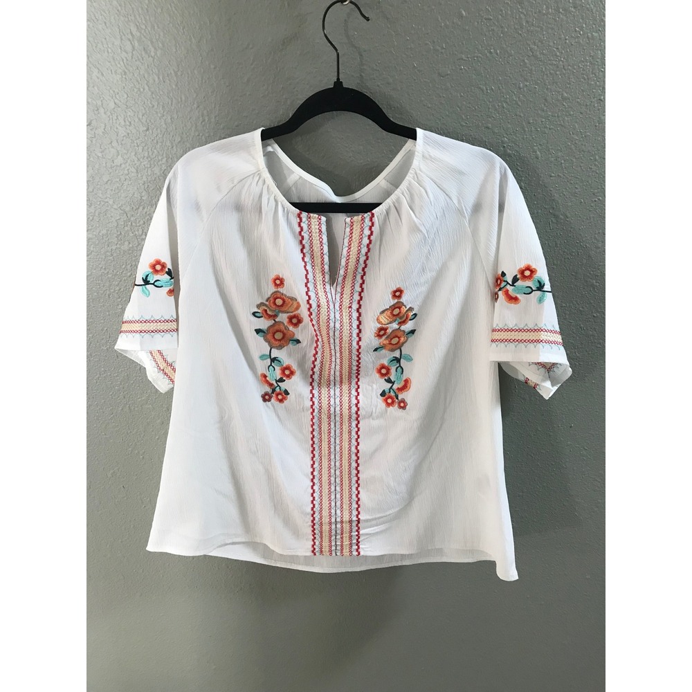 SHEIN Curve White Floral Embroidered Peasant Blouse Split Neck Top 1XL